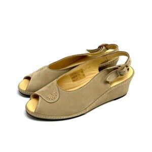 BOGO La Plume Wedge Slingback Sandal Taupe Nubuck Leather Womens EUR 39 US 8.5